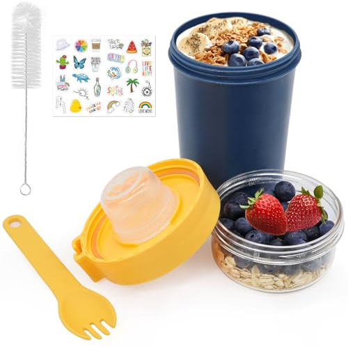 Forbabe Müslibecher To Go mit Löffel, Joghurtbecher Doppelschicht Müsli Joghurt To Go Becher Auslaufsicherer, Salatbecher Lunchpot Mit Soßenbox für Arbeit/Schule/Reisen (Blau)