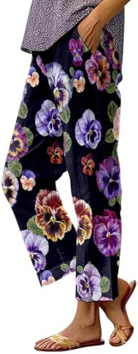 Ältere Damen-Hose, elastische Taille, Hawaii-Hose für Damen, Urlaubskleidung, weite Beinhose, Jogger, Baggy, hohe Taille, Croppedpants, Petitetrouser, Walkinghose, violett, XXL