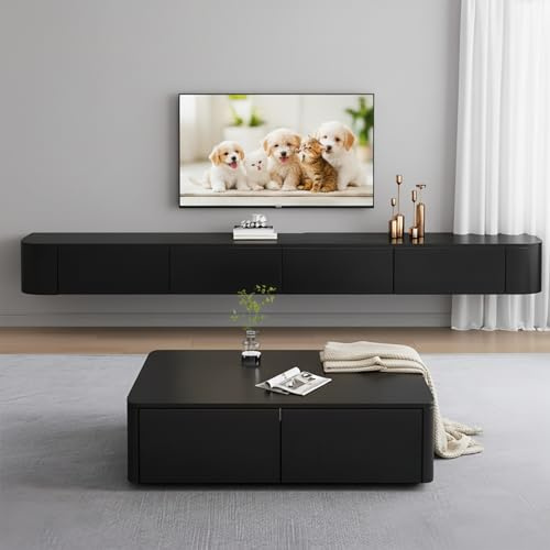 Ecoxsnz Wall Mounted TV Unit Black Floating TV Cabinet with Storage | Floating TV Stand with Flip-Down Doors, TV Media Console Storage Unit for Living Room, Modern Entertainment Centre
