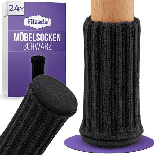Filzada® 24x Stuhlsocken Filz Schwarz Ø 25-40mm - Stuhlbeinsocken Elastisch | Stuhlbeinkappen mit Filzunterseite - Stuhlbeinschoner dehnbar - Überzieher Stuhlbeine - abriebfest - Bodenschoner