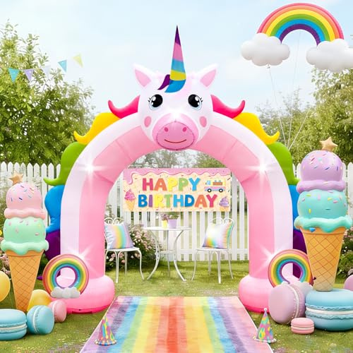 Arche de licorne gonflable de 3 m - Décoration d'extérieur géante arc-en-ciel - Arche gonflable - 5 lumières LED intégrées - Décoration de jardin, cour, pelouse pour fête prénatale, fête