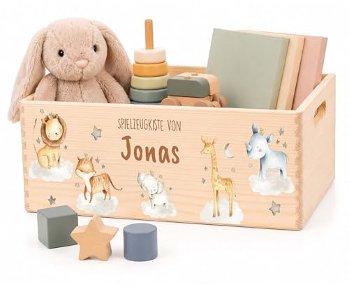 Kidsmood Spielzeugkiste Holz mit Namen Tiere Wolke | Kinderzimmer Deko und Aufbewahrung für Spielzeug und Bücher, Geschenk zur Geburt oder Taufe, Kiefernholz, 40 x 30 x 14 cm