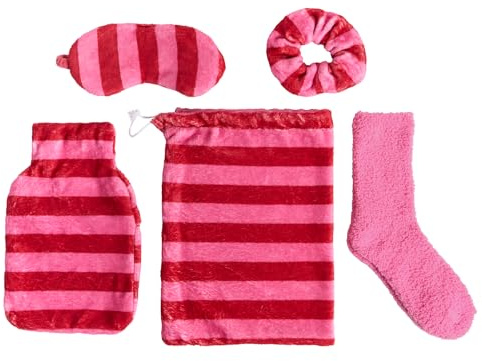 OHS Hot Water Bottle Gift Set, Valentines Gift Set Women Soft Warm Cosy Stocking Fillers Winter - 750ml Hot Water Bottle with Cover, Eye Mask, Fluffy Socks, Fluffy Scrunch, Draw String Bag - Pink