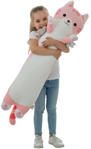 Cuscino per gatti con ali, 110 cm, morbido peluche per chi dorme sul fianco, simpatico gatto di peluche Kawaii, per adulti e bambini (rosa)