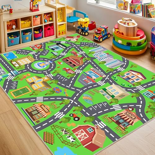 Kids Room Rug - Soft & Non-Slip 4x5 Ft Town Car Rugs City Map Play Mat, Childrens Road Carpet Washable Playmat for Classroom Nursery Bedroom Boys