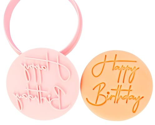 Round Happy Birthday Cookie Stamp, 7.3 Cm Pink Happy Birthday Fondant Stamp, Round Birthdays Cookie Mold for Fondant,Icing,Cupcake,Cake,Decoration Frosting Sugar Paste Baking, Embossed DIY (Style 1)
