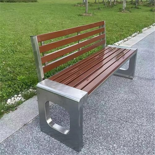 Hltdzer 2-3 Sitzplätze Schwerlast Gartensitzbank aus Edelstahl mit Latten 105° Rückenlehne Sitzbank mit Holzlattensitz für Alle Wetterbedingungen für Veranda, Park(A,120cm/47.2in)