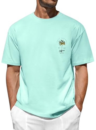 Lonya Men’s Oversized T Shirt Summer Short Sleeve Palm Tree Graphic T-Shirts Crew Neck Cotton Casual Beach Tee Shirt Tops Loose Fit Lake Green,M