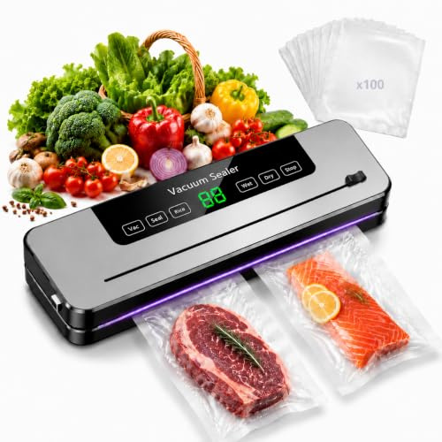 Kuchisity Vakuumiergerät mit 100 Vakuumbeuteln, Trocken- & Nass-Modus | Automatischer Vakuumierer für Fleisch, Gemüse und Obst, Folienschweißgerät zur Frische-Aufbewahrung