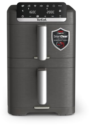 Tefal Easy Fry Crispy Stack Doppelkammer-Heißluftfritteuse, 6 Programme | manueller Modus, bis zu 40% platzsparender, EvenFry, abnehmbare Front, Garkorb spülmaschinenfest, Dunkelgrau, EY756HE0