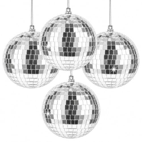 Discokugel 10 cm, 4 Stück Discokugeln Disco Spiegel Ball, Silber Discokugel Deko Aufhängen Kleine Discokugeln für Home Party Hochzeit Weihnachtsbaum Geburtstagsfeier Dekoration (10cm)