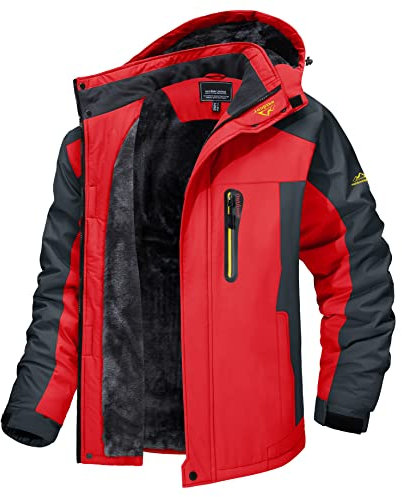 MAGCOMSEN Winterjacke Herren Winddicht Outdoorjacke Warme Skijacke Atmungsaktiv Softshell Herrenjacke Fleece Gefüttert Jacke Regenmantel mit Abnehmbarer Kapuze Rot S