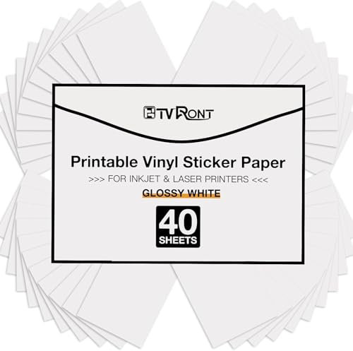 HTVRONT Printable Vinyl for Inkjet Printer & Laser Printer, 40 Pcs Glossy Sticker Paper for Printers, Waterproof & Dry Quickly Printable Vinyl Sticker Paper for HP, Epson and Other Printers - 8.5x11