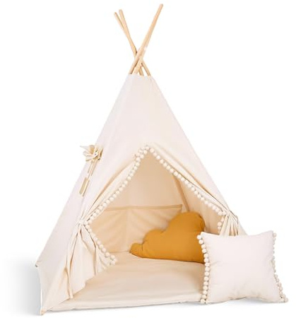 Rainbow Kids Tipi Zelt für Kinder | Baumwollsegeltuch Tippi Kinderzelt, Mehrere Muster und Farben mit und ohne Spielzubehör für Outdoor- und Indoor-Kinderspaß (Beiger Wolf, mit Zubehör (klein))