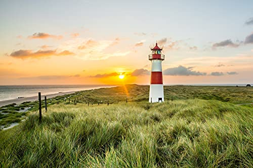 LEUCHTTURM Fototapete VLIES-300x223 cm (2818A)-Nordsee Dünen Strand Meer See Natur Landschaft Wandtapete-Inkl. Kleister-Vliestapete Bild Dekoration Wand-Dekor Moderne Motiv-Tapete Panorama Poster XXL