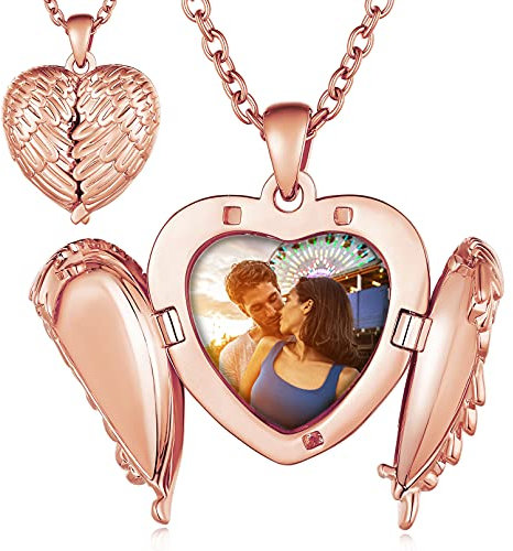 Custom4U Herz Schutzengel Flügel Medaillon Rosegold zum Öffnen für Bilder Damen Frauen Personalisierte Kupfer Engelsflügel Foto Halskette Rosegold zum aufklappen Geschenke für Mutter Freundin Paare