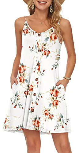 WNEEDU Damen Kleid Sommer Spaghettiträger Sommerkleid Kurze Strandkleider V Ausschnitt Leichte Freizeitkleid mit Taschen Rose Weiß S