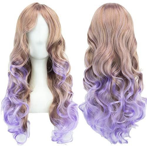 IMISSU 26 ''longue perruque de cosplay de cheveux naturels bouclés avec une frange colorée Perruques de fête d'Halloween pour femmes (Marron Rose)