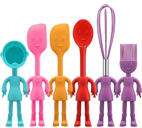 Human Shaped Kitchen Utensils Set 6 Piece Non Stick Heat Resistant Baking Tools Kitchen Gadgets Silicone Cute Utensils with Comfortable Grip Handle, Dishwasher Easy Clean and Stand up Kitchenware