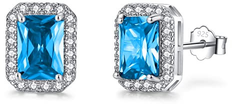 SNORSO Clous D'oreilles Argent Pour Femme Fille, Boucles d'oreilles Zircon Cubique Rectangle Aigue-marine Pierre de Naissance Mars Bleu, Cadeau Anniversaire Mariage pour Femme Fille