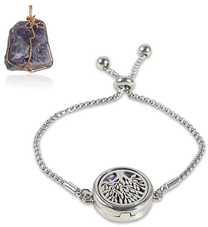 Essential Oils Diffuser Bracelet Stainless Steel Aromatherapy Life of Tree Purple Refill Pads Perfume Bangle Irregular Amethyst Crystal Wire Wrap Pendant Necklace for Gift
