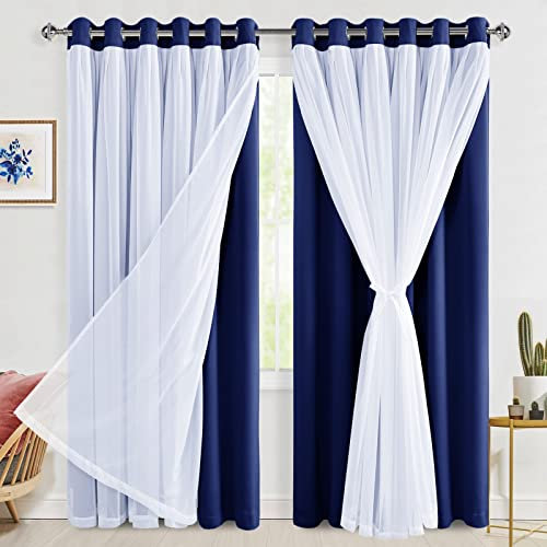 Hiasan Blackout Curtains with Sheer Overlay 84 Inches Long, Thermal Insulated Double Layer Window Curtains for Bedroom, Living Room, Nursery, 2 Panels Sewn with Tiebacks, Navy Blue, 70W X 84L