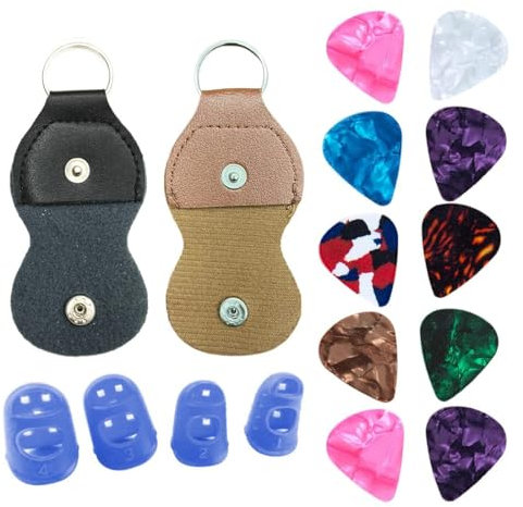 10 Stücke Gitarre Plektren mit 2 Stücke Leder Plektrum Halter Schlüsselanhänger und 4 Fingerlinge für Akustikgitarre E-Gitarre Bass Ukulele 0.46mm Bunt Celluloid Plektrum