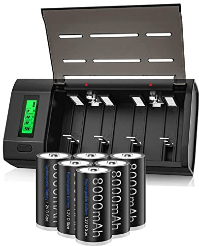 Universal Rechargeable Battery Charger for AA AAA 9V C D Battery with 6 Pack 8000mAh Rechargeable D Size Batteries, Battery Storage Case Included