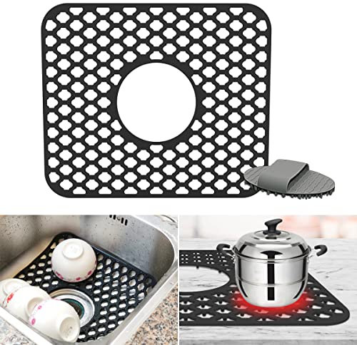Spülbeckeneinlage Silikon 34.5 x 29.5cm Spülbeckenmatte Eckig Hitzebeständig Spülmatte für Spülbecken Rutschfest Spülbecken Matte Küche Klappbar mit Multifunktionsbürste (Mittleres Loch,Schwarz)