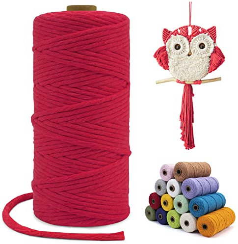 LEREATI Corde Macramé 3mm x 100m, Fil Macramé Simple Torsion Coton Naturelle Ficelle Corde, Cordon Coton pour Rideau Macrame, Porte Plante Mural, Bricolage, Boho Decoration (Rouge)