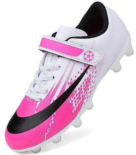 Dhinash Fußballschuhe Jungen Stollen Fussballschuhe Kinder Kunstrasen Fussball Schuhe Spikes Trainingsschuhe Turnschuhe Mädchen Outdoor Turf Football Schuhe Unisex Weiß Rosa Gr.32