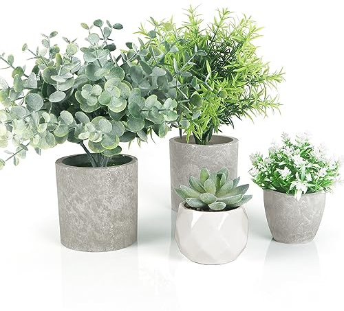 Kmise 4ST Künstliche Pflanzen im Topf, Kleine Kunstpflanze Eukalyptus Sukkulenten Rosmarin Plastikpflanzen wie Echt, Mini Fake Pflanzen für Badzimmer Wohnzimmer Fensterbank Schreibtisch Innen Deko
