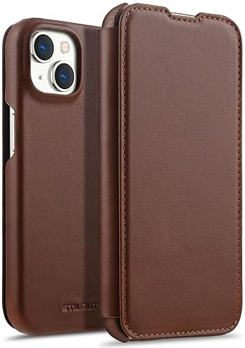 STILGUT Book Case passend für iPhone 15 - Hülle kompatibel mit MagSafe aus Leder zum Klappen, Klapphülle, Handyhülle, Lederhülle - Cognac