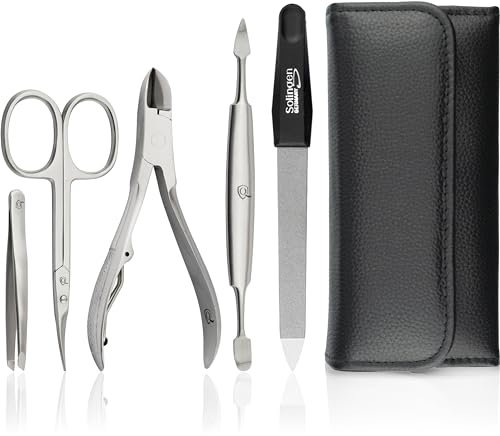 marQus Premium Maniküre Set Edelstahl - 5 teilig in Echt Leder Etui handlich und weich - Komplettes Kit mit allem für die Hand- und Fußpflege, Nagelset Schwarz