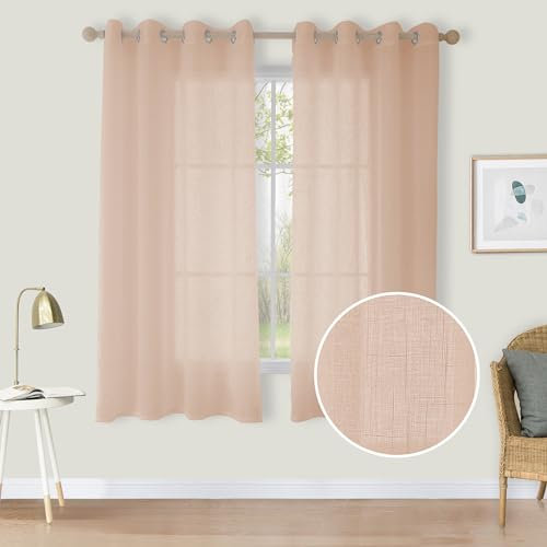 CUCRAF Leinenoptik Voile Vorhänge mit Ösen Halbtransparent Gardine für Schlafzimmer Wohnzimmer H145 x B140cm 2er Set,Baby Rosa