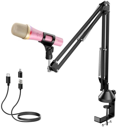 TONOR Micrófono Dinámico USB/Tipo C para PC, Microfono para Juegos de Computadora RGB Podcast con Soporte de Brazo para Grabación, en Vivo, Streaming, Youtube, Canto, Estudio, Micrófono Karaoke Rosa