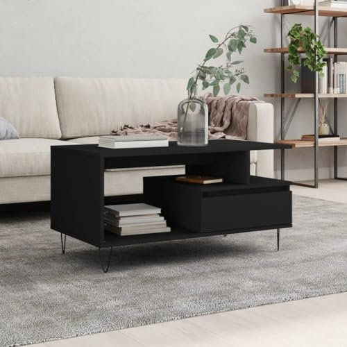 AUVYI Couchtisch mit Schublade Schwarz 90x49x45 cm Holzwerkstoff&Metall Sofatisch Holz Sideboard Chautschtisch Wohnzimmertisch mit Schubladen Beistelltisch