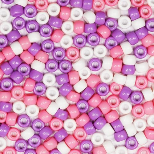 VOOMOLOVE 1000 Pcs Colorful Pony Beads - Perfect for Hair Braids, Crafts & Jewelry Making - 6x9mm White, Pink, Purple