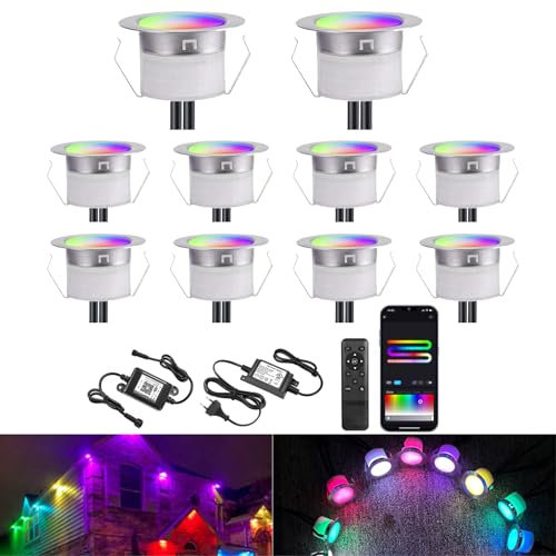 10er WIFI Bodeneinbaustrahler Aussen Led RGB+IC, Ø31mm 12v Led Bodeneinbauleuchten Mini Spot Led Einbaustrahler Treppenbeleuchtung, IP67 Wasserdicht, APP Steuerbar, Kompatibel mit Alexa Google Home