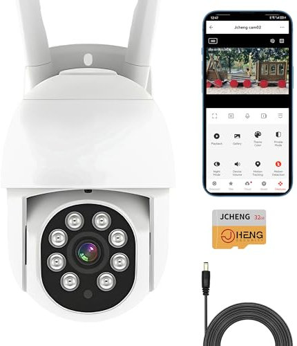 JCHENG 4MP Outdoor Security Camera Motion Tracking| PTZ and Night Vision | Remote Control | SD Card Included |Compatible Alexa and Google Home