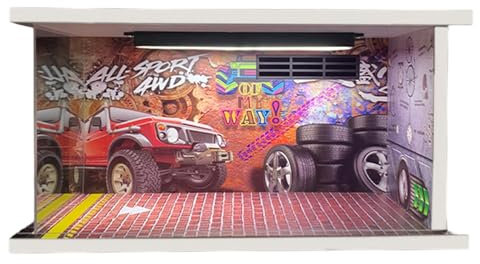 Harilla Vetrina per Garage per Simulazione di parcheggio in Scala 1:24 con Sfondo di luci a LED Regali per Bambini da Collezione per modellini di Auto