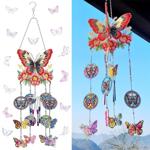 Starnearby DIY Diamond Painting Sonnenfänger Windspiele Set, 5D Doppelseitige Kristall Diamant Malerei Anhänger Set, Rotierender Windspiel Bastelset Hängende Ornamente für Fensterdeko (Schmetterling)
