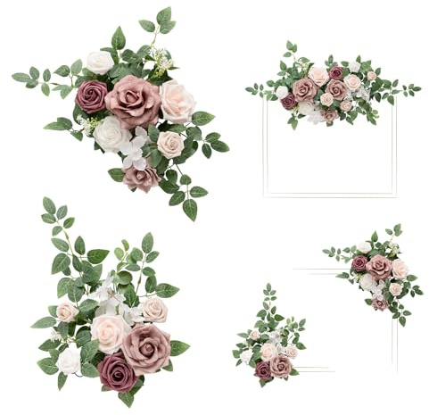Ling's moment 2pcs Wedding Artificial Floral Swag Welcome Sign Flowers Backdrop Garland Dusty Rose Pink Cream for Ceremony Reception Door Wall Home Decorations Entryway Outdoor Board Table Decor