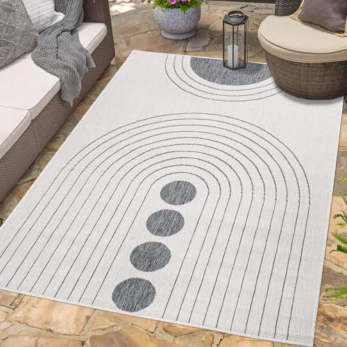 carpet city Outdoor Teppich Wetterfest 160x230 cm - Creme-Grau - Wendeteppich, Beidseitiges Kreisförmiges Muster - Balkonteppich Wasserfest Outdoor - Terrassenteppich