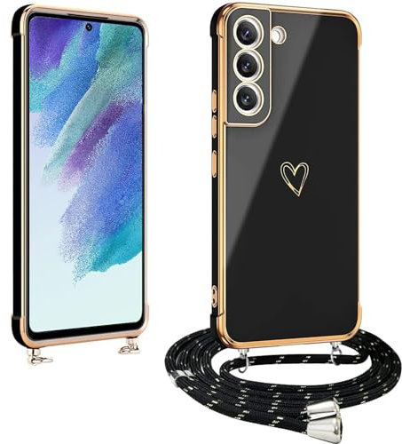 vumebao Coque pour Samsung S21 FE avec Cordon, Silicone Souple Étui en Motif Coeur avec Réglable Collier Chaîne Case pour Samsung S21 FE Coque Antichoc, Protection Complète Bumper S21 FE Coque-Noir