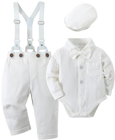 Amissz Baby Boy Gentleman Baptism Clothes Suit, Infant ChriSTZening Gowns Tuxedo Long Sleeve Romper + Suspenders Pants with Bowtie Outfit White 3-6 Months