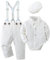 Amisssz Baby Jungen Gentleman Taufe Anzug, 4tlg Kinder Hochzeit Festlich Taufe Strampler mit Bowtie Hemden + Hosenträger Overalls Weiß, 3-6 Monate