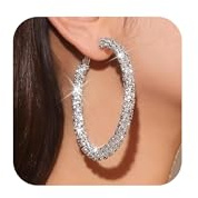 60mm Silver Rhinestone Hoop Earrings for Women Sparkly Bling Large Hoops Statement Jewelry Accessory for Bride Wedding Party Outfit Prom Gown Attire