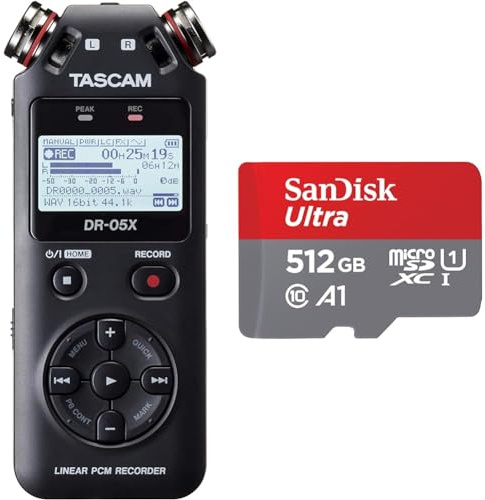 Tascam DR-05X portable audio recorder, usb2.0 & SanDisk 512GB Ultra microSDXC card + SD adapter up to 150 MB/s with A1 App Performance UHS-I Class 10 U1
