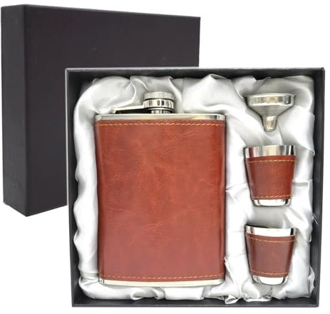 Lot de flasques avec entonnoir et verres à shot, flasque à alcool de 236,8 g en acier inoxydable + flasque à whisky en cuir synthétique, anti-fuite, pour homme - Marron